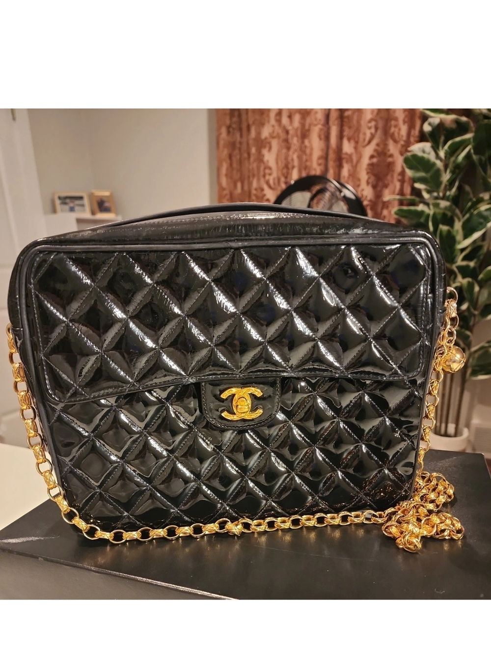 Authentic Vintage Chanel Black Quilted Patent Leather Bag